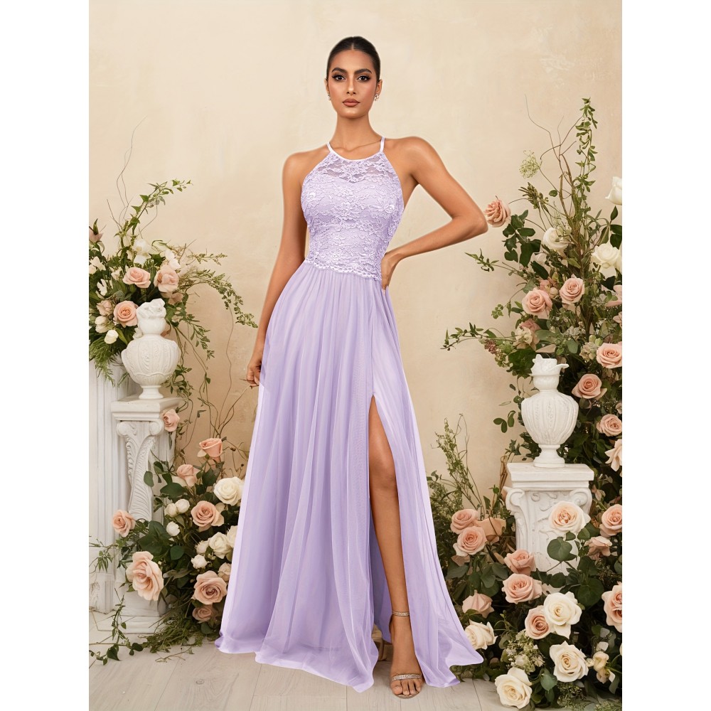 Elegant Blue Lace-Trimmed Maxi Dress with High Slit - Sleeveless, Flowing Design for Weddings, Proms & Formal Events, Perfect for Showcasing Fashionable Style, Formal Event Attire|Sleek Fitted Top|Lace Trim Detail