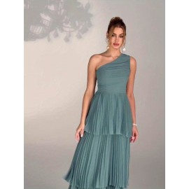 Elegant Mint Green Bridesmaid Evening Gown with Asymmetrical Neckline & Tiered Ruffled Skirt - Sleeveless A-Line Wedding Dress for Women, Perfect for Weddings and Formal Events, Dresses for Wedding Guest, Wedding Guest Attire, Sophisticated Craftsmanship