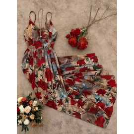 Women's Elegant Floral evening Dress - Formal Party, Wedding, Gala - Sleeveless A-Line Gown with Spaghetti Strap - Red Roses on Beige - Machine Washable Formal Attire, Wedding Guest Attire, Decorative Floral Print