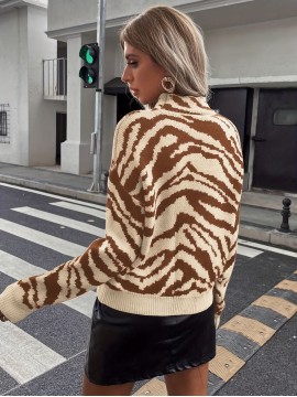 Zebra Striped Mock Neck Sweater, Elegant Long Sleeve Sweater For Fall & Winter, Women's Clothing