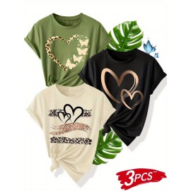 [3pcs Retro Tees] 3pcs Retro Love Heart Graphic Tees | Casual Short Sleeve Women's T-Shirts in Beige, Red & Orange with Golden Accents, Soft Polyester Blend