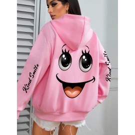 Plus Size smiling face Print Hoodie, Casual Fashion Sweatshirt, Hooded Pocket Drawstring Sweatshirt for Fall & Winter, Women's Clothing
