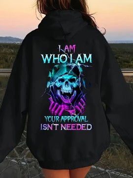 Plus Size Women'S Casual Hoodie with Bold Skull & Letter Print - Soft, Long Sleeve Pullover with Drawstring, Pockets, and 