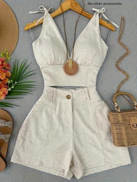 [Vintage Corset Top Set] Vintage Style Women's Elegant Sleeveless Corset Top & High-Waisted Shorts Set - Solid Color, Button Detail, Regular Fit, Spring/Summer Collection