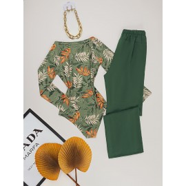 Summer, Off-Shoulder, Floral Print, Bow Tie, Green Summer Pants Set No Other Accessories