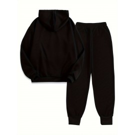 Women's Casual Butterfly Pattern Knit Polyester Two-Piece Set with Hooded Long Sleeve Hoodie and Regular Fit Pants with Pockets