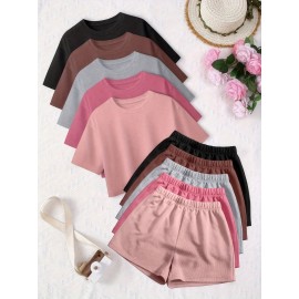 10pcs Women'S Spring Summer Casual Top and Pants Set Round Neck Short Sleeve T-Shirt + Comfortable Home Shorts -D10+K8-10pcs