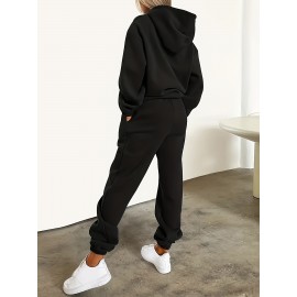 [Chicago U.S.A. Print Hoodie Set] Red Polyester Women's Chicago U.S.A. Letter Print Hoodie & Pants Set - Drawstring, Machine Washable Casual Outfit