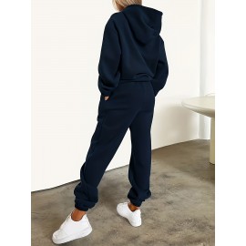 [Chicago U.S.A. Print Hoodie Set] Red Polyester Women's Chicago U.S.A. Letter Print Hoodie & Pants Set - Drawstring, Machine Washable Casual Outfit
