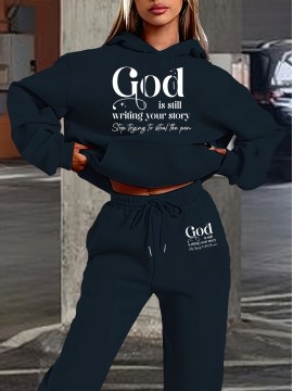 Machine Washable Polyester Blend Women's Casual Hoodie & Jogger Set - Letter Print, Drawstring Waist with Pockets, Perfect for Fall/Winter
