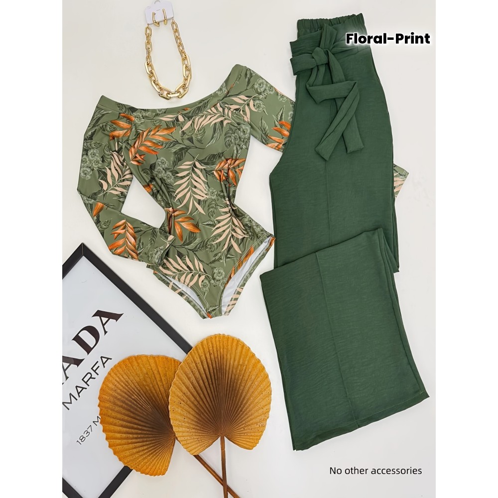 Summer, Off-Shoulder, Floral Print, Bow Tie, Green Summer Pants Set No Other Accessories