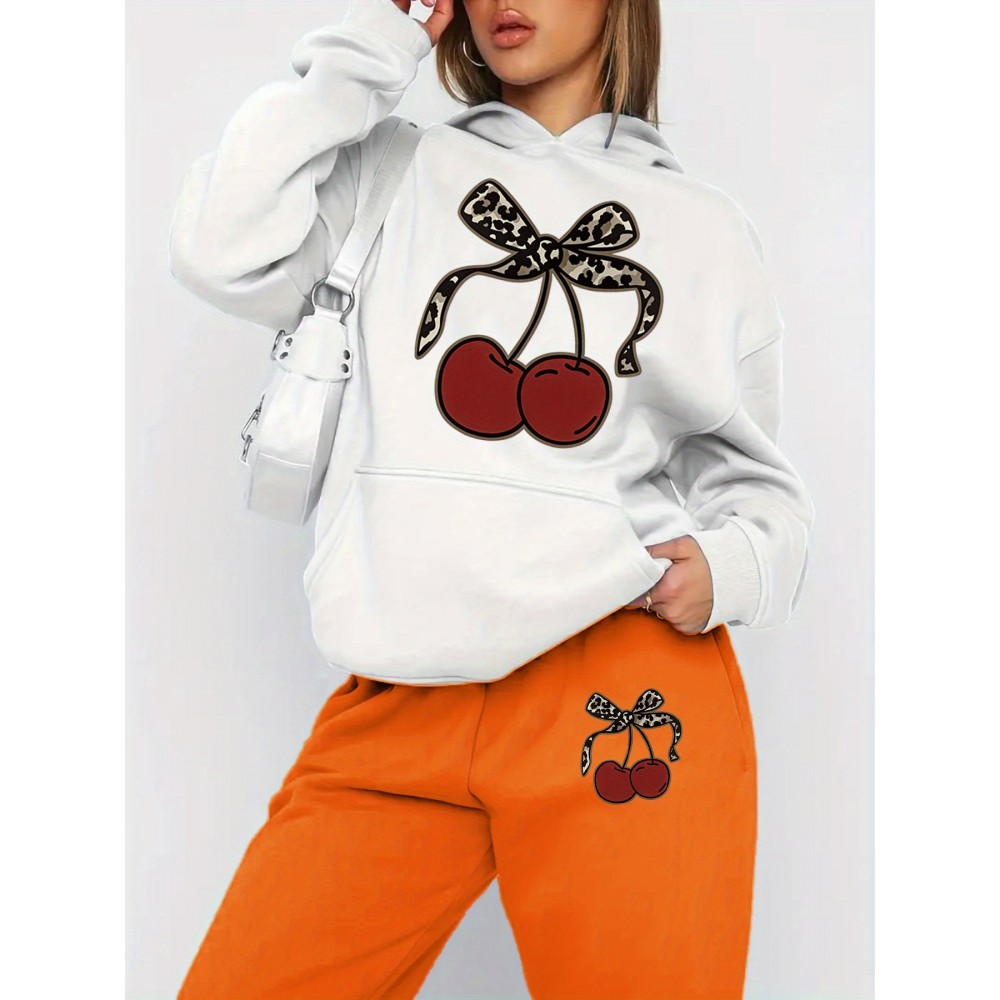 [Playful Design|Cherry Themed] Playful Design|Cherry Themed Hoodie and Pants Set - Casual Long Sleeve Pullover with Pockets, Fall/Winter Collection, Women's Fashion