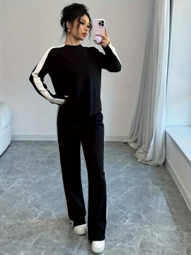 2pcs Women'S Fashion Striped Contrast Color Round Neck T-Shirt and Long Pants Set, Casual Style, Long Sleeve, Loose Fit, Fall/Winter Collection, Pullover Top, Regular Fit, No Belt, Casual Attire|Striped Pattern|Loose Fit Pants